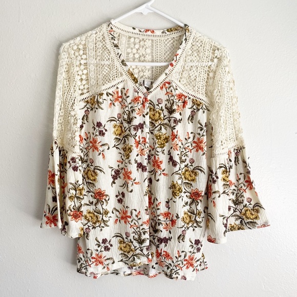 Cato Tops - NWOT Cato Boho Floral Lace Button Front Blouse Sml
